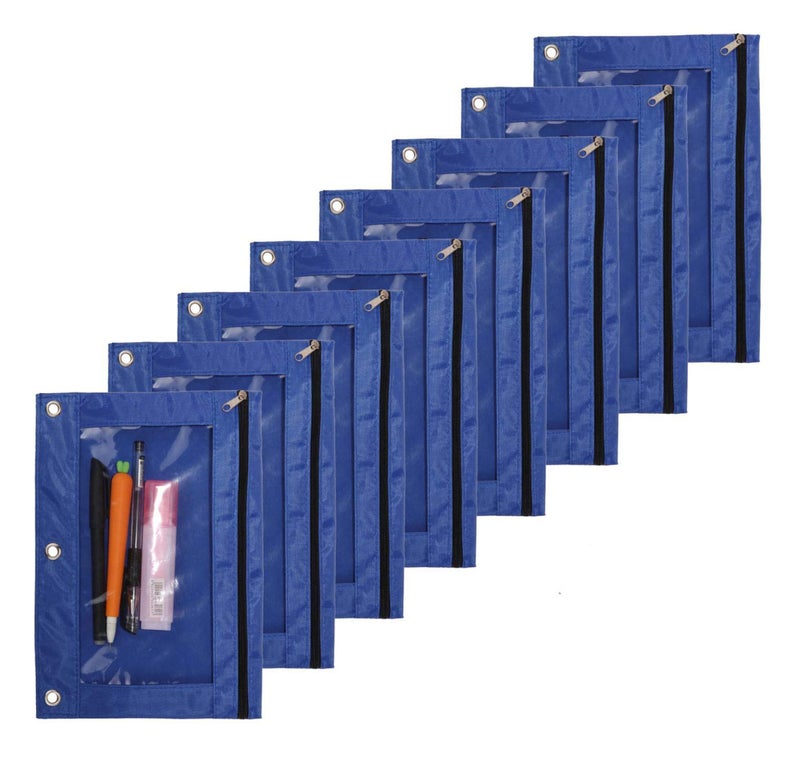 SdeFe Zippered Binder Pen Pencil Pouch 3 Rings with Clear Window for School Classroom Organizers 8 Pcs (Blue) - Image 1